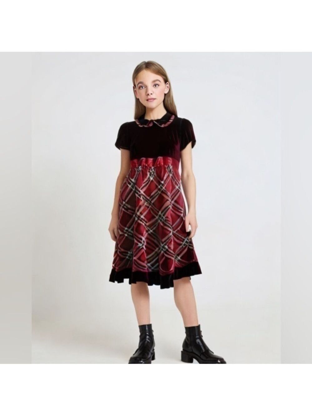 Hanna Andersson 120cm Dress Holiday Girls US 6-7 Plaid Velvet Black